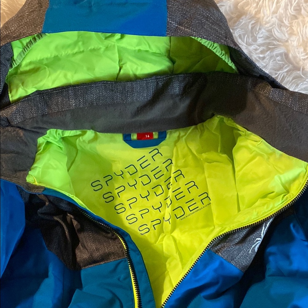 Spyder ski jacket  Blue and Gray with detachable hood with Green Lining - Picture 3 of 4